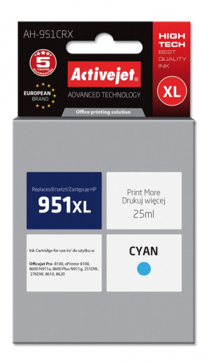 Tusz Activejet AH-951CRX do drukarki HP, Zamiennik HP 951XL CN046AE; Premium; 25 ml; błękitny.