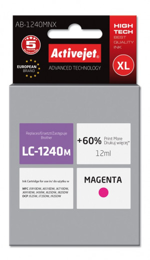 Activejet AB-1240MNX Tusz do drukarki Brother, Zamiennik Brother LC1240M/1220M; Supreme; 12 ml; purpurowy. Drukuje więcej o 60%.