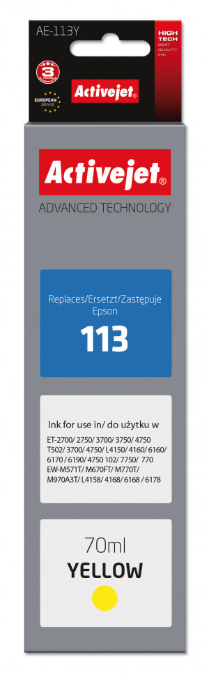 Activejet AE-113Y Tusz do drukarki Epson, Zamiennik Epson 113 C13T06B440; Supreme; 70 ml; żółty.