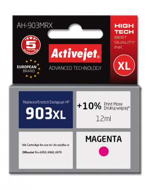 Activejet AH-903MRX Tusz do drukarki HP, Zamiennik HP 903XL T6M07AE; Premium; 12 ml; purpurowy. Drukuje więcej o 10%.