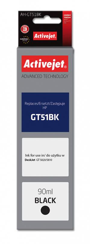 Activejet AH-GT51BK Tusz do drukarki HP, Zamiennik HP GT51BK M0H57AE; Supreme; 90 ml; 6000 stron, czarny. Buteleczki z atramentem.