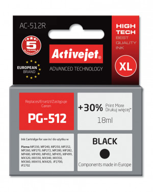 Activejet AC-512R Tusz do drukarki Canon, Zamiennik Canon PG-512; Premium; 18 ml; czarny. Drukuje więcej o 30%.