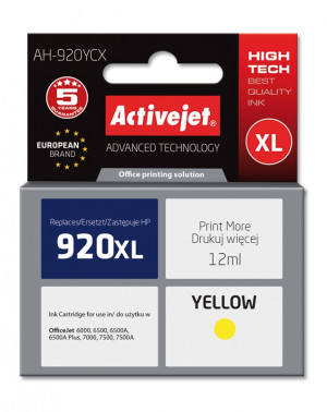 Activejet AH-920YCX Tusz do drukarki HP, Zamiennik HP 920XL CD974AE; Premium; 12 ml; żółty.