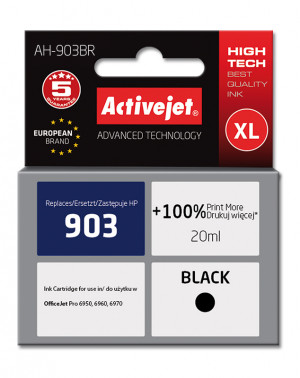 Tusz Activejet AH-903BR do drukarki HP, Zamiennik HP 903 T6L99AE; Premium; 20 ml; czarny. Drukuje więcej o 100%.