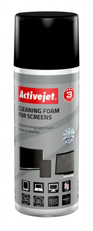 Activejet AOC-101 Pianka do czyszczenia ekranów monitorów CRT 400ml Wysokiej jakości antystatyczna pianka do czyszczenia ekranów, monitorów, telewizorów, fotokopiarek, sprzętu optycznego, okien, luster, ceramiki. Usuwa silne zabrudzenia plamy tłuszcz