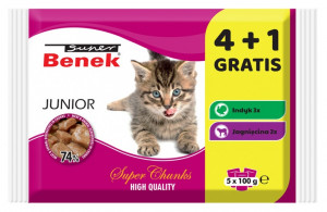 Super Benek dla kota Junior - mokra karma dla kota - 4+1 100 g GRATIS!