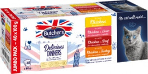 Butcher's Delicious Dinners Jumbo Pack, karma dla kota, kawałki z kurczakiem/kurczakiem i indykiem/kurczakiem i wołowiną/kurczakiem i wątróbką w galaretce, 40x100g