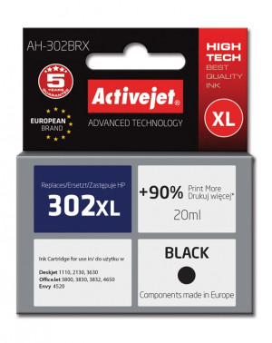 Activejet AH-302BRX Tusz do drukarki HP, Zamiennik HP 302XL F6U68AE; Premium; 20 ml; czarny. Drukuje więcej o 90%.