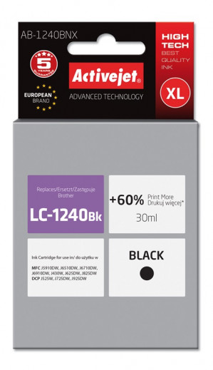 Activejet AB-1240BNX Tusz do drukarki Brother, Zamiennik Brother LC1240BK/1220BK; Supreme; 30 ml; czarny. Drukuje więcej o 60%.