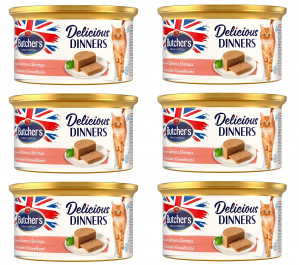 BUTCHER'S Delicious Dinners Cat - mokra karma dla kota z łososiem i krewetkami w formie musu - puszka 6x85g