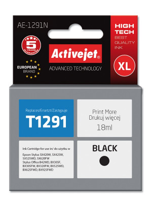 Activejet AE-1291N Tusz do drukarki Epson, Zamiennik Epson T1291; Supreme; 18 ml; czarny.