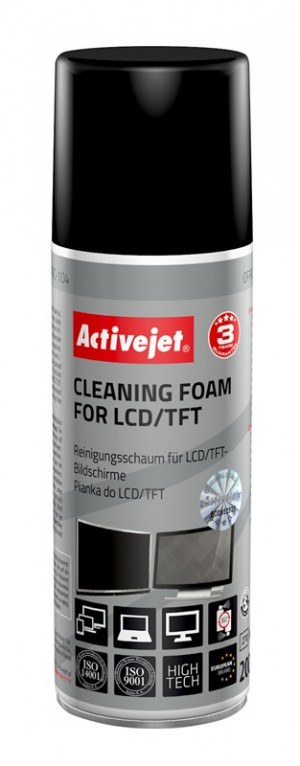 Activejet AOC-104 Pianka do czyszczenia matryc (200 ml) Antystatyczna pianka z aktywnymi cząsteczkami środków powierzchniowo-czynnych, usuwająca wszelkiego rodzaju zanieczyszczenia z wyświetlaczy ciekłokrystalicznych TFT w laptopach