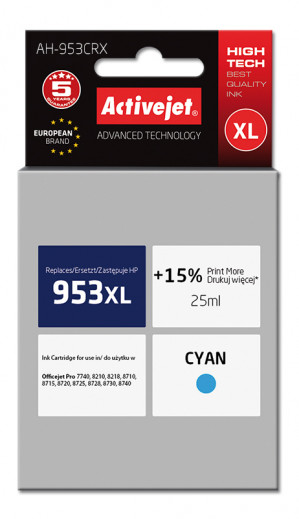 Activejet AH-953CRX Tusz do drukarki HP, Zamiennik HP 953XL F6U16AE; Premium; 25 ml; błękitny. Drukuje więcej o 15%.