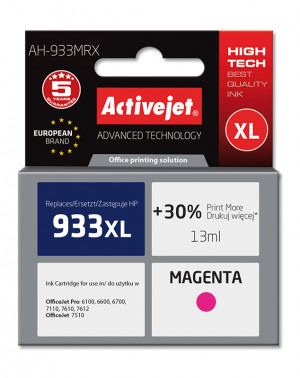 Activejet AH-933MRX Tusz do drukarki HP, Zamiennik HP 933XL CN055AE; Premium; 13 ml; purpurowy. Drukuje więcej o 30%.