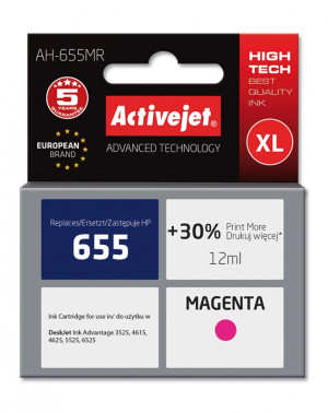 Activejet AH-655MR Tusz do drukarki HP, Zamiennik HP 655 CZ111AE; Premium; 12 ml; purpurowy. Drukuje więcej o 30%.