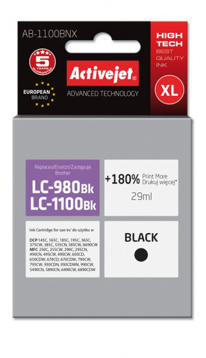 Activejet AB-1100BNX Tusz do drukarki Brother, Zamiennik Brother LC1100BK/980BK; Supreme; 29 ml; czarny. Drukuje więcej o 180%.