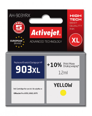 Activejet AH-903YRX Tusz do drukarki HP, Zamiennik HP 903XL T6M11AE; Premium; 12 ml; żółty. Drukuje więcej o 10%.