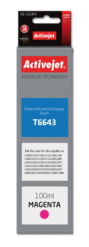 Buteleczka z atramentem Activejet AE-664M do drukarki Epson, Zamiennik Epson T6643; Supreme; 100 ml; purpurowy.