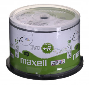 MAXELL Płyta DVD+R 4,7GB, 50 szt. w opakowaniu cake (szpindel). Prędkość zapisu 16X, 120 min. Płyty do nadruku atramentowego. Przeznaczenie Multimedia.