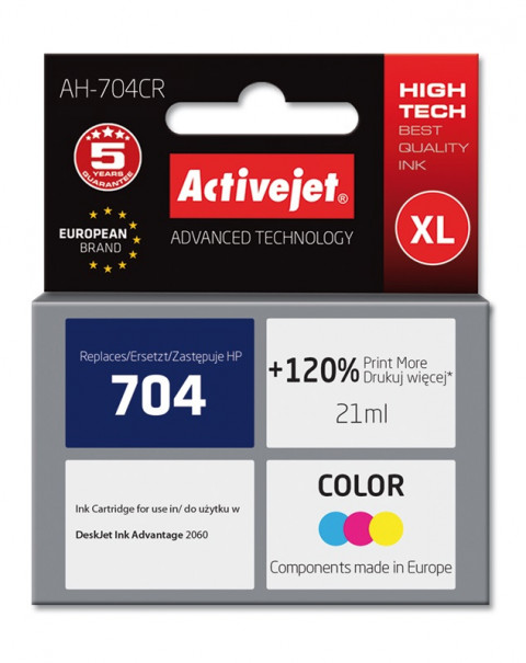 Activejet AH-704CR Tusz do drukarki HP, Zamiennik HP 704 CN693AE; Premium; 21 ml; kolor. Drukuje więcej o 120%. - Galeria zdjęcie 1