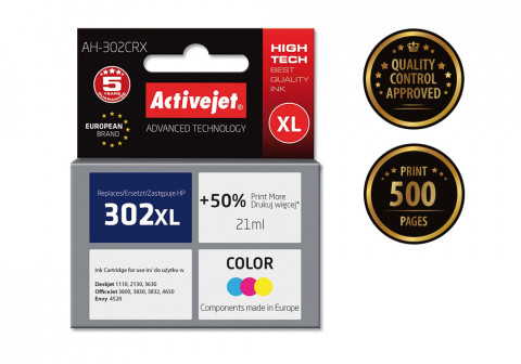 Activejet AH-302CRX Tusz do drukarki HP, Zamiennik HP 302XL F6U67AE; Premium; 500 stron, 21 ml; kolor. Drukuje więcej o 50%. - Galeria zdjęcie 2