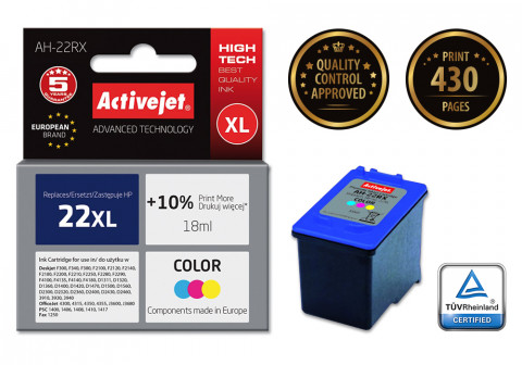 Activejet AH-22RX Tusz do drukarki HP, Zamiennik HP 22XL C9352A; Premium; 18 ml; kolor. Drukuje więcej o 10%. - Galeria zdjęcie 2