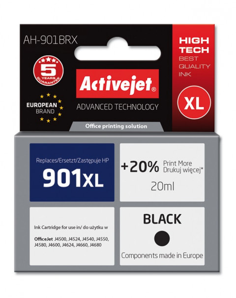 Activejet AH-901BRX Tusz do drukarki HP, Zamiennik HP 901XL CC654AE; Premium; 20 ml; czarny. Drukuje więcej o 20%. - Galeria zdjęcie 1