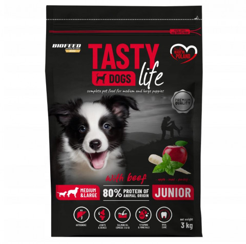 BIOFEED Tasty Dogs Life Junior Medium And Large With Beef - sucha karma dla psa - 3kg - Galeria zdjęcie 1