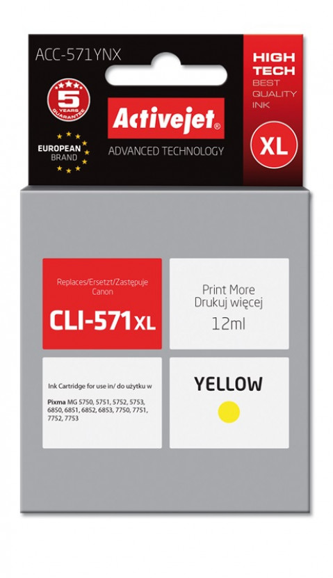 Activejet ACC-571YNX Tusz do drukarki Canon, Zamiennik Canon CLI-571XLY; Supreme; 12 ml; żółty. - Galeria zdjęcie 1