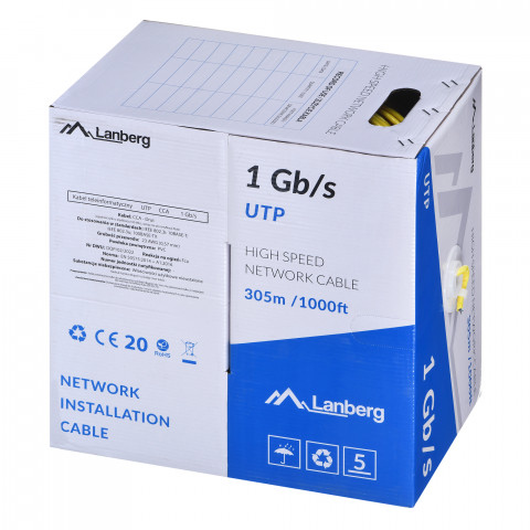 LANBERG KABEL UTP 1GB/S 305M DRUT CCA ŻÓŁTY - Galeria zdjęcie 1