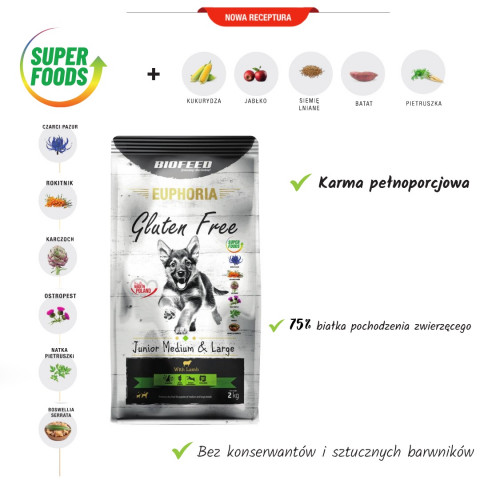 BIOFEED Euphoria Gluten Free Junior medium & large Jagnięcina - sucha karma dla psa - 2 kg - Galeria zdjęcie 2