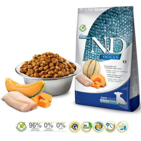 FARMINA N&D Ocean Dog Cod, Pumpkin & Cantaloupe Melon Puppy Mini - sucha karma dla psa - 800g - Galeria zdjęcie 2