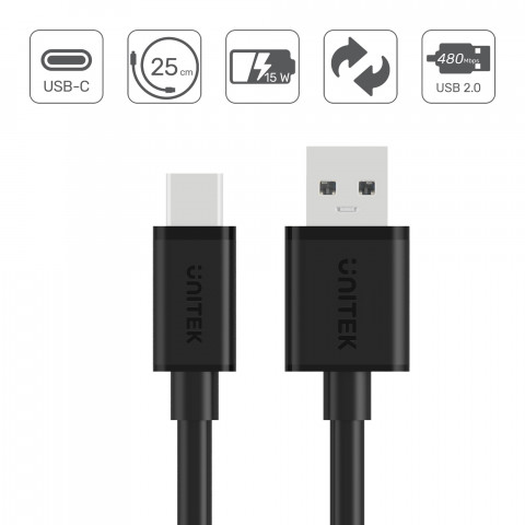 UNITEK USB CABLE USB-A — USB-C 25CM, Y-C480BK - Galeria zdjęcie 4
