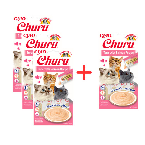 INABA Churu Tuńczyk z łososiem - przysmak dla kota - 3 x (4 x14 g) + 4 x 14g Gratis! - Galeria zdjęcie 1