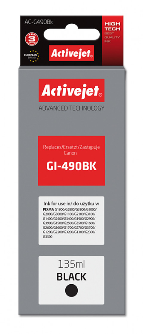 Activejet AC-G490Bk Tusz do drukarki Canon, Zamiennik Canon GI-490BK; Supreme; 135 ml; 6000 stron, czarny. - Galeria zdjęcie 1
