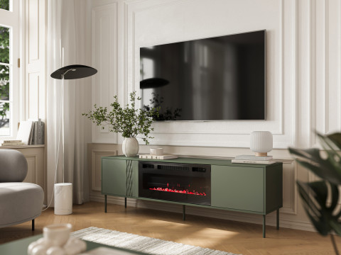 Szafka RTV EF + kominek czarny TRESSE 180x40x54,5 zieleń mat - Galeria zdjęcie 4