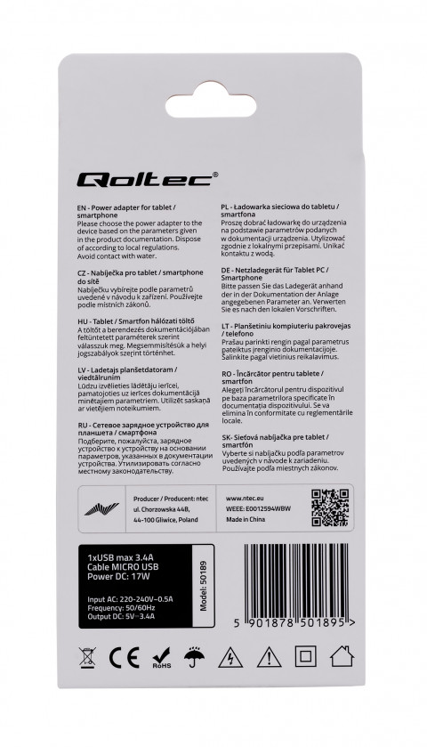 Qoltec Ładowarka sieciowa do Smartfona/Tabletu | 17W | 5V | 3.4A | USB+Micro USB - Galeria zdjęcie 7