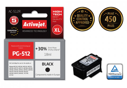 Activejet AC-512R Tusz do drukarki Canon, Zamiennik Canon PG-512; Premium; 18 ml; czarny. Drukuje więcej o 30%. - Galeria zdjęcie 2