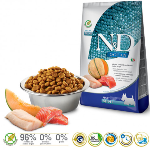 FARMINA N&D Ocean Dog Salmon, Cod, Cantaloupe, Melon Adult Mini - sucha karma dla psa - 800 g - Galeria zdjęcie 2