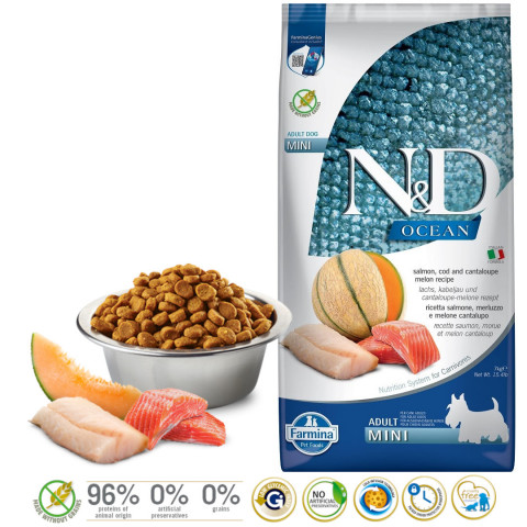 FARMINA N&D Ocean Dog Salmon, Cod, Cantaloupe, Melon Adult Mini - sucha karma dla psa - 7 kg - Galeria zdjęcie 2