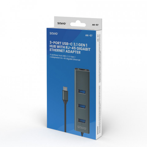SAVIO AK-57 3-PORTOWY HUB USB-C Z ADAPTEREM RJ-45 - Galeria zdjęcie 3