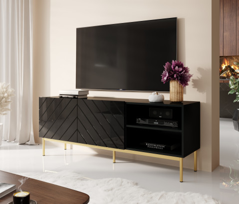 Szafka RTV ABETO na złotym stelażu ze stali 150x42x60 czarny/czarny połysk - Galeria zdjęcie 2