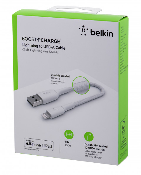 Kabel Belkin BoostCharge Braided Lightning to USB-A Cable 15cm oplot White - Galeria zdjęcie 4