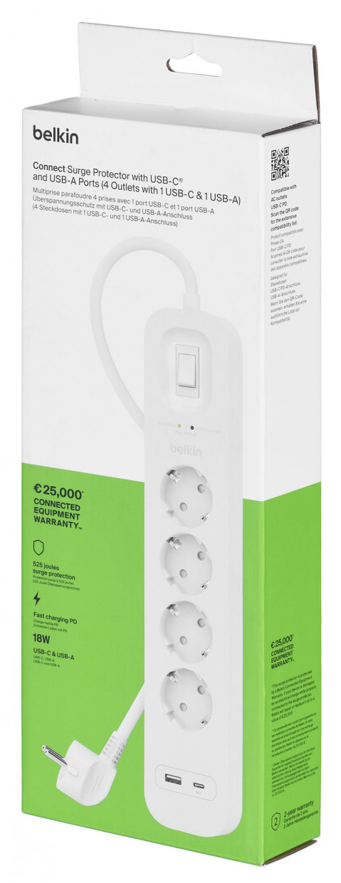 Listwa zasilająca Belkin Power Surge 4-PORT + 1xUSB-A +1xUSB-C 2.4A PD 525J 2m White Schuko - Galeria zdjęcie 8