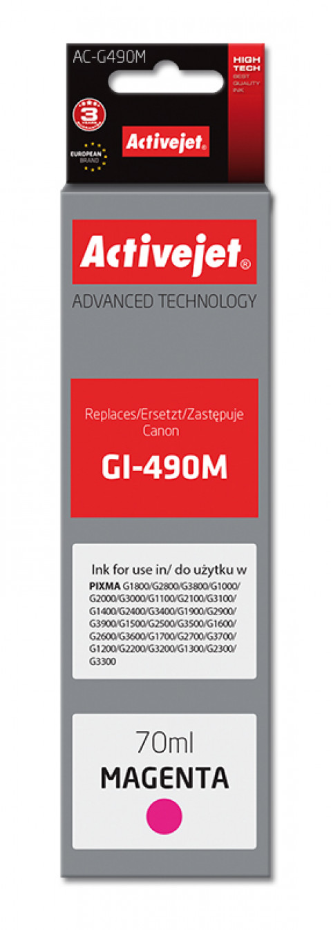 Activejet AC-G490M Tusz do drukarki Canon, Zamiennik Canon GI-490M; Supreme; 70 ml; 7000 stron, purpurowy. - Galeria zdjęcie 1