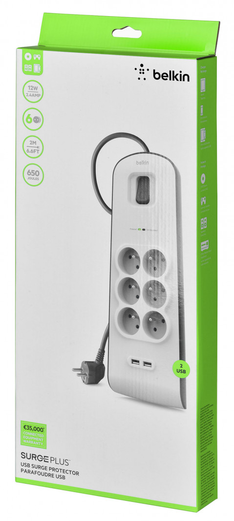 Listwa zasilająca Belkin Power Surge 6-PORT + 2xUSB-A 2.4A 650J 2m Grey/White - Galeria zdjęcie 8