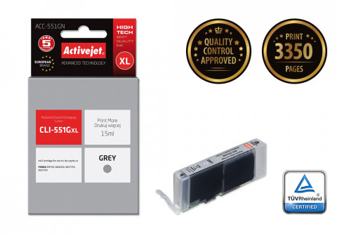 Activejet ACC-551GN Tusz do drukarki Canon, Zamiennik Canon CLI-551G; Supreme; 15 ml; szary. - Galeria zdjęcie 2