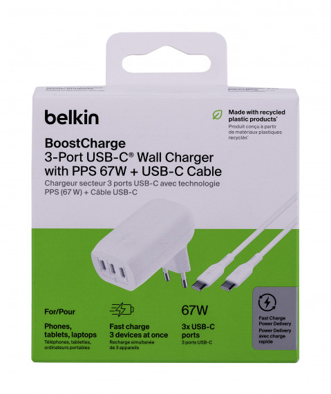 Ładowarka Belkin BoostCharge 3 Port USB-C PD 3.1 PPS Wall Charger 67W + USB-C to USB-C Cable 2m White - Galeria zdjęcie 4