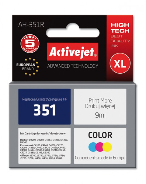 Activejet AH-351R Tusz do drukarki HP, Zamiennik HP 351 CB337EE; Premium; 9 ml; kolor. - Galeria zdjęcie 1