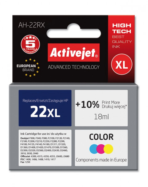 Activejet AH-22RX Tusz do drukarki HP, Zamiennik HP 22XL C9352A; Premium; 18 ml; kolor. Drukuje więcej o 10%. - Galeria zdjęcie 1